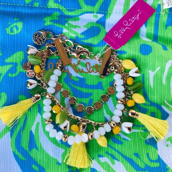 LILLY PULITZER BRACELET- YELLOW LEMMON TASSEL⭐️Fun 3 Strand Beaded Chain - Picture 2 of 7
